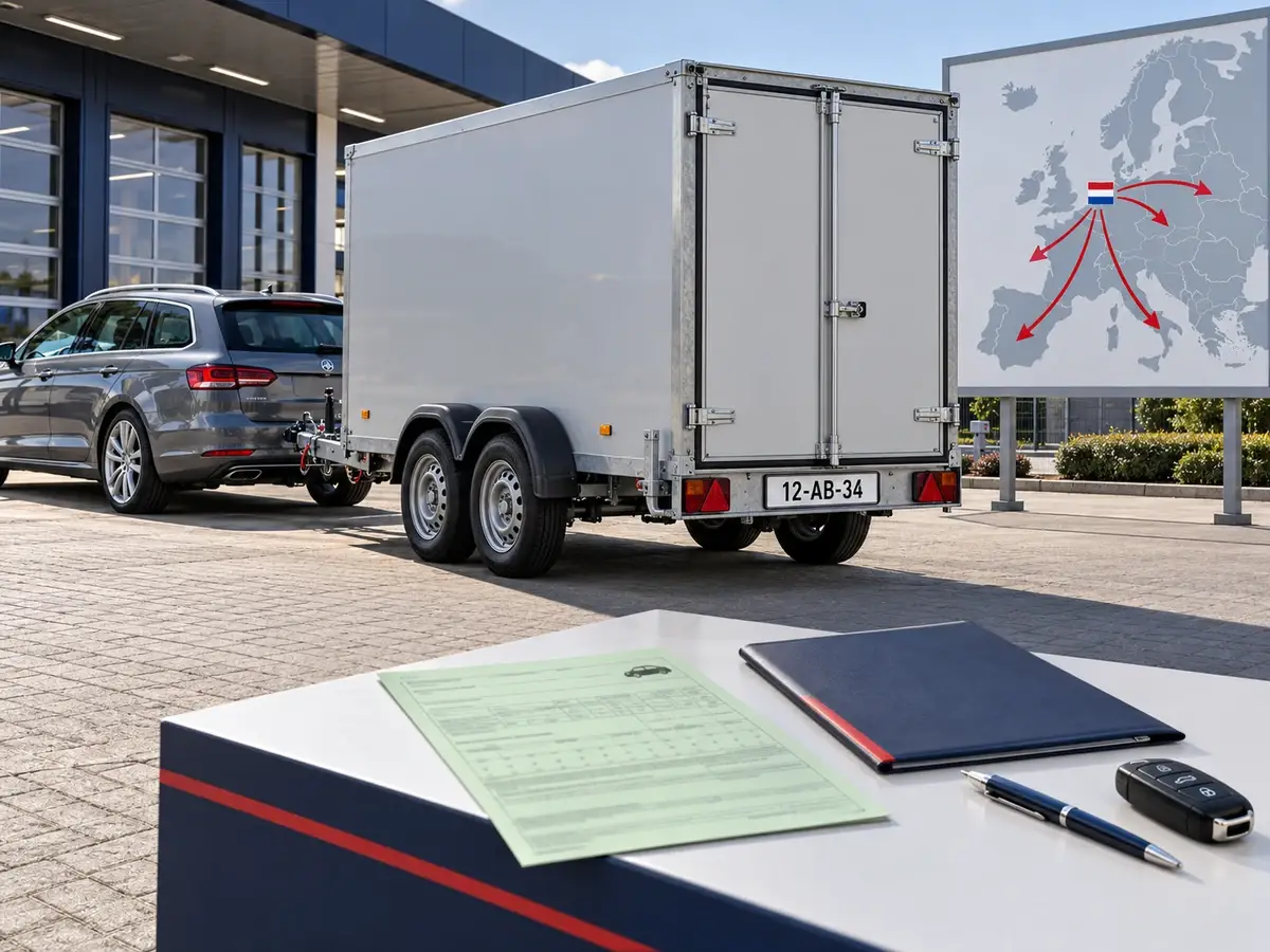 Aanhangwagen achter een auto, met witte exportkentekenplaat en de groene kaart van de exportverzekering
