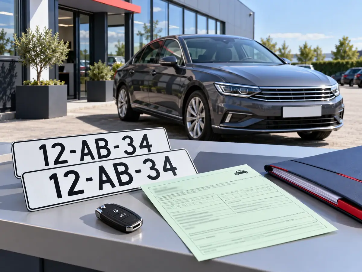 Personenauto voor export bij een autobedrijf, met twee witte kentekenplaten en de groene kaart op de balie