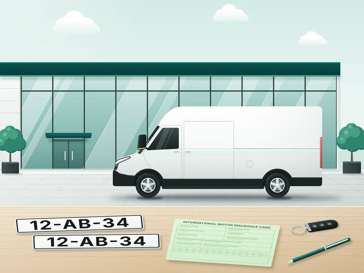 Witte bestelbus voor export, met twee witte exportkentekenplaten en de groene kaart van de exportverzekering