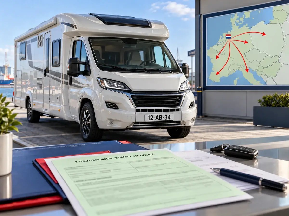 Camper met witte exportplaat voor de rit naar huis, met de groene kaart van de exportverzekering