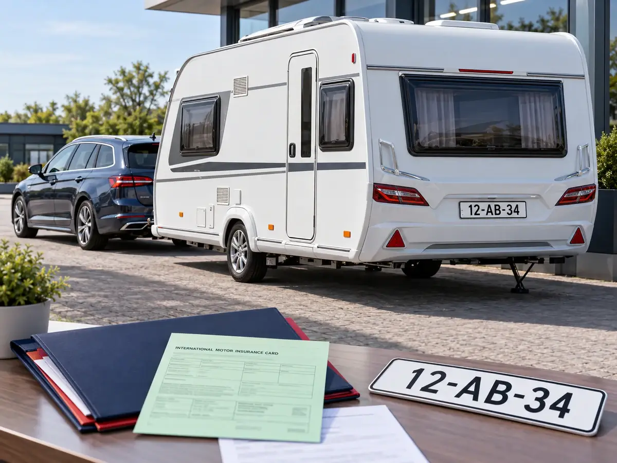 Caravan aan de trekhaak van een auto, met witte exportplaat en de groene kaart van de exportverzekering