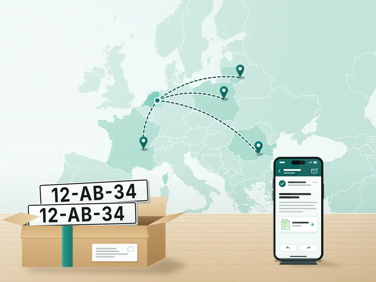 Exportkenteken per post: witte platen in een open pakket, de groene kaart als PDF op een smartphone en routes door Europa