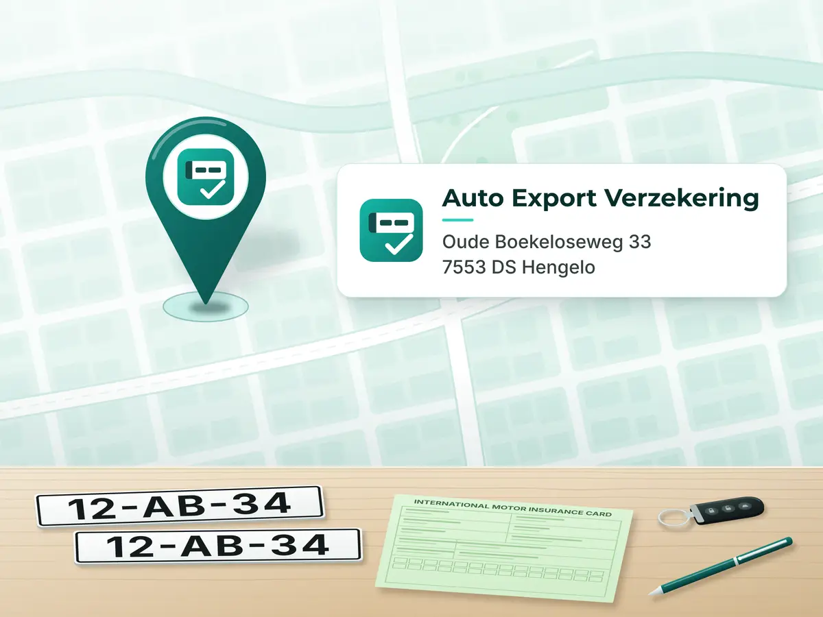 Illustratie van een kaartpin bij ons kantoor aan de Oude Boekeloseweg 33 in Hengelo, met exportkentekenplaten en groene kaart