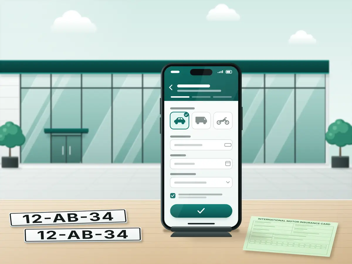 Illustratie van een smartphone met het formulier om een exportkenteken aan te vragen, naast witte platen en de groene kaart
