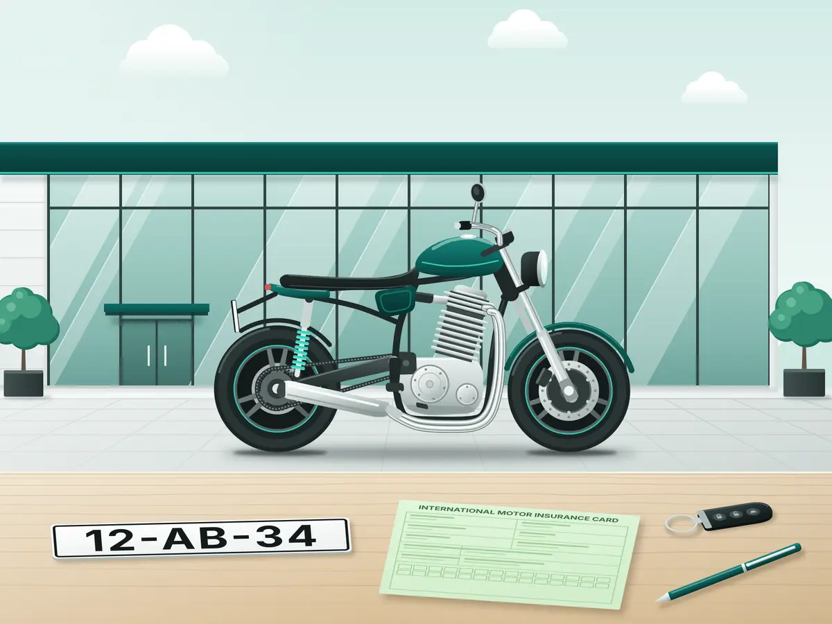 Motorfiets voor export, met één witte exportkentekenplaat en de groene kaart van de exportverzekering