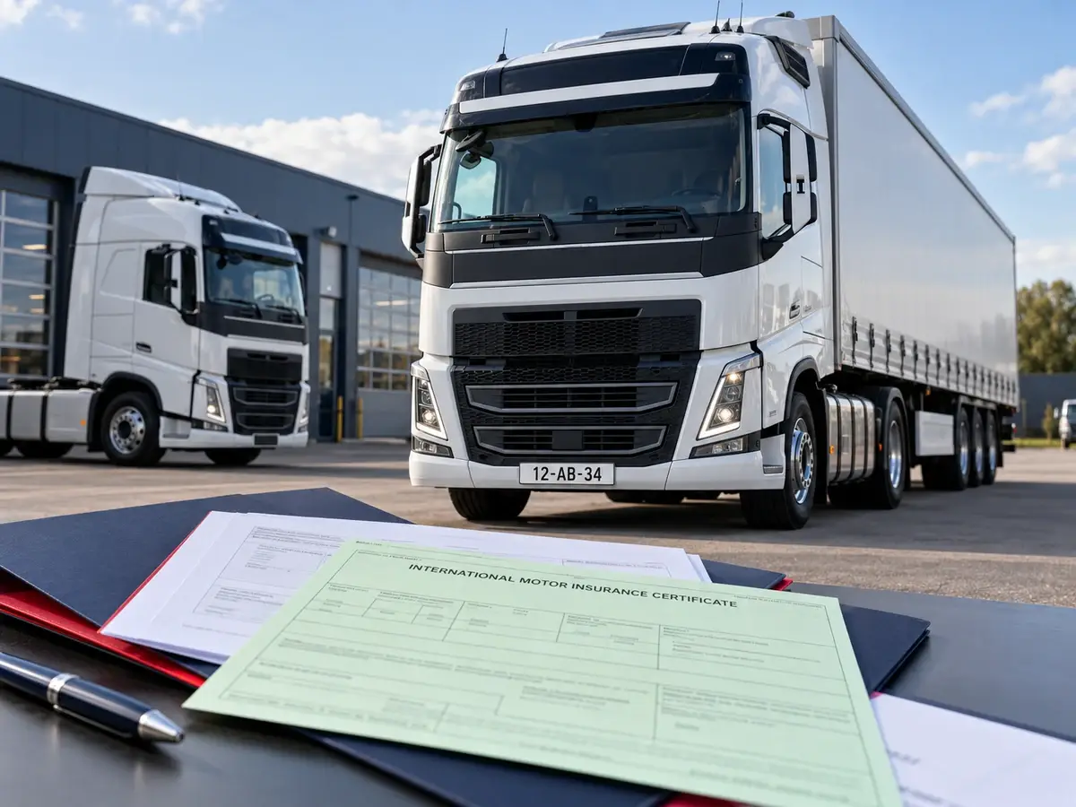 Witte truck met oplegger en witte exportplaat, met de groene kaart voor de exportrit naar het buitenland